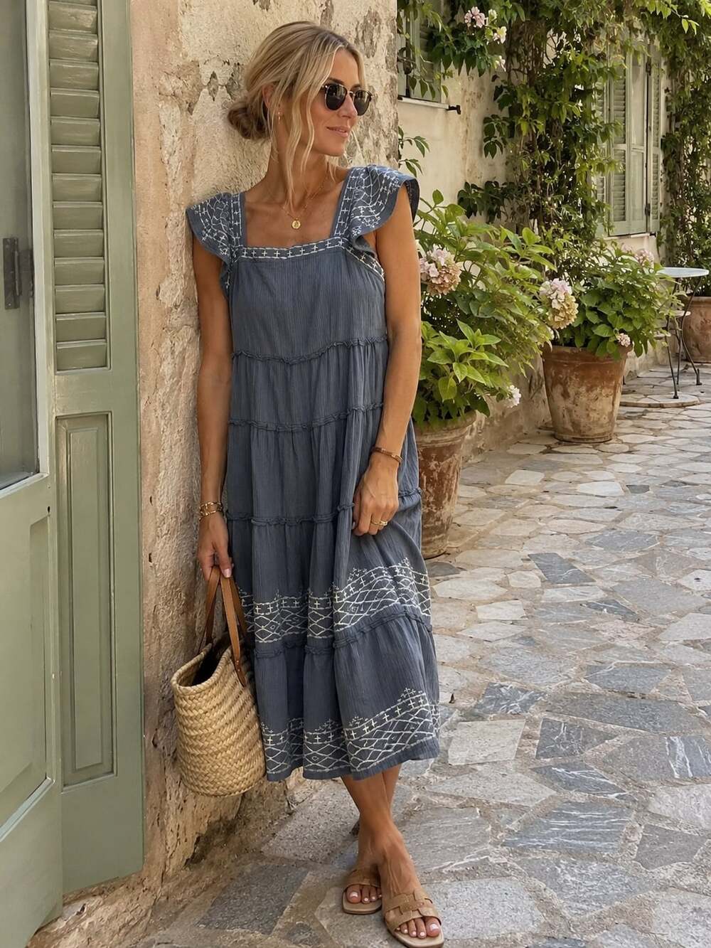 Knox Rose Women's Gray Tiered Midi Dress with Embroidered Ruffle Sleeves and Geo